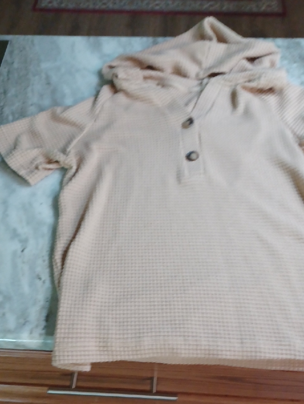 Peach Waffle Knit Short Sleeve Hoodie with Buttons Size S BUT FITS M
